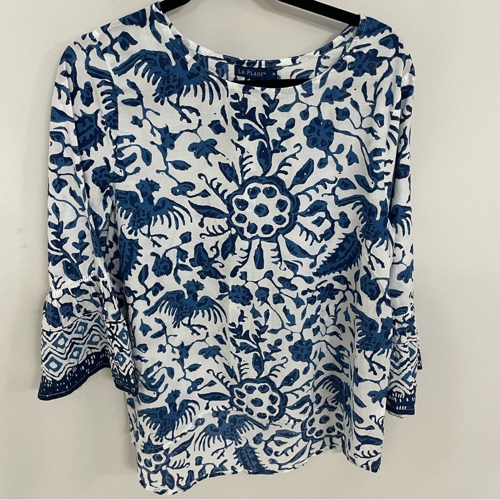 La Plage Indigo Popover Tunic Sz Medium Bell Sleeve 100% Cotton Boho Coastal 14